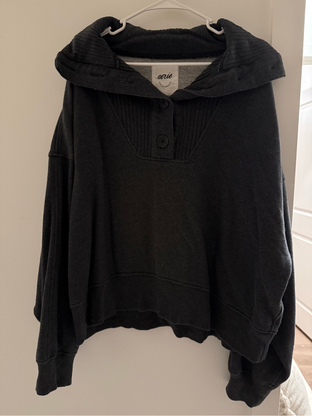 aerie Black Hooded Pullover Sweatshirt with Tiny Button